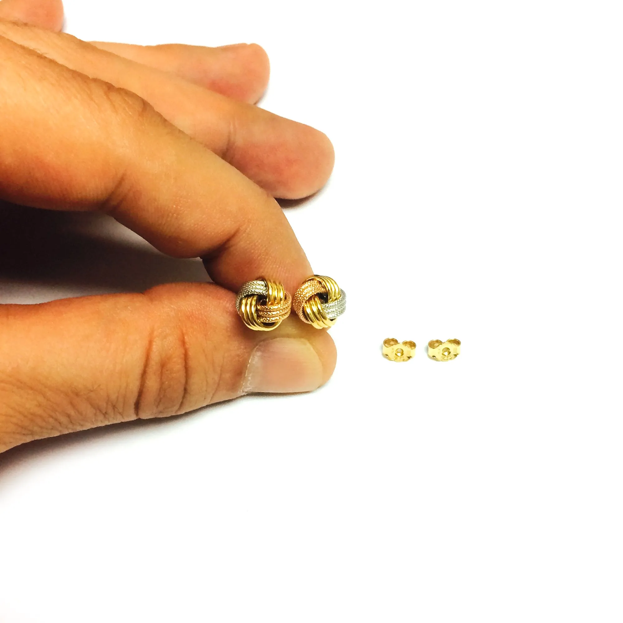 14K Tricolor Shiny And Textured Finish Love Knot Earrings, 9mm