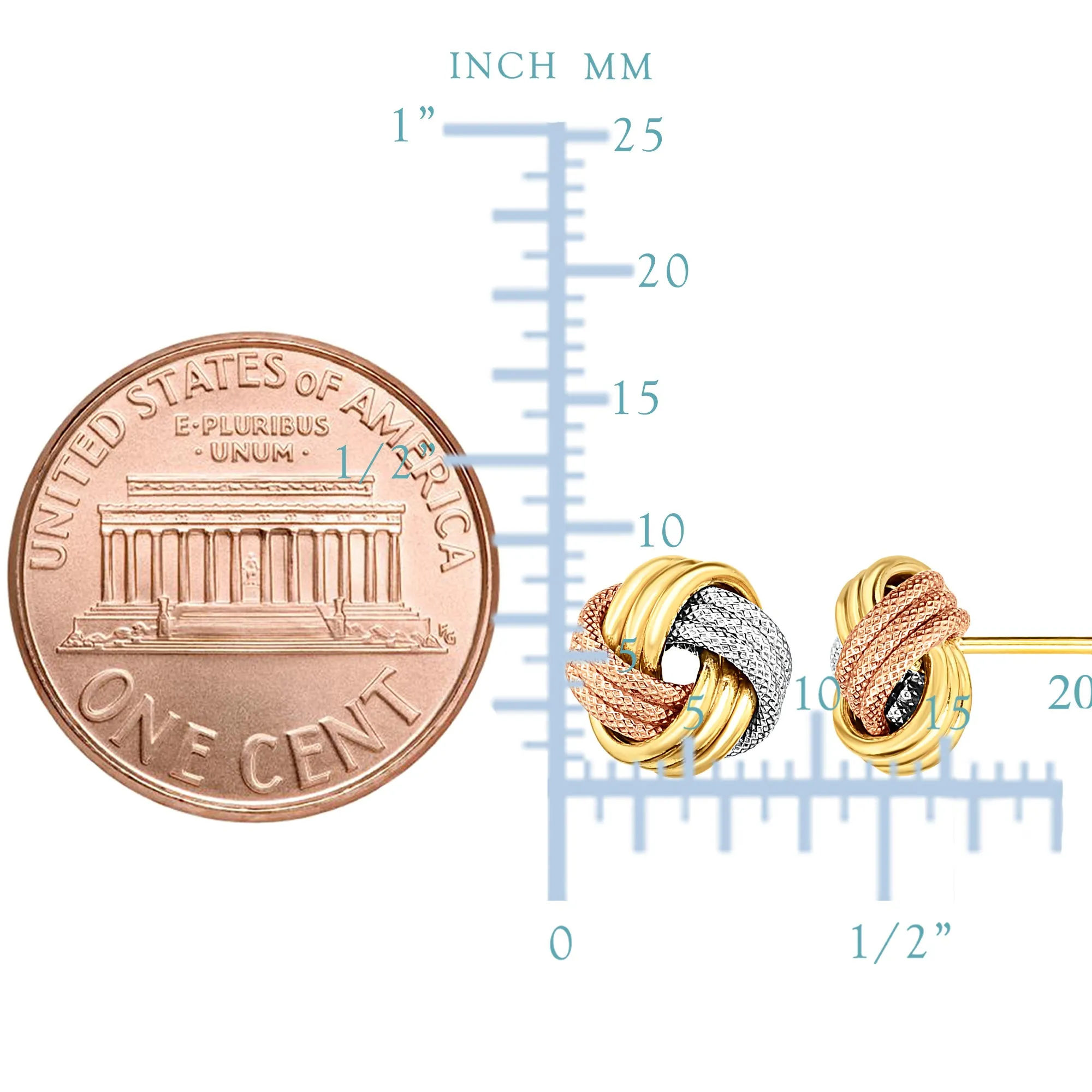 14K Tricolor Shiny And Textured Finish Love Knot Earrings, 9mm
