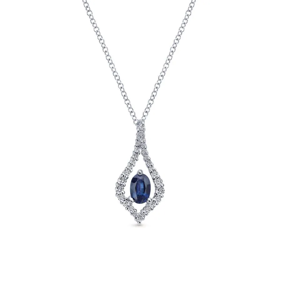 14K White Gold Floating Oval Sapphire Diamond Pendant Necklace