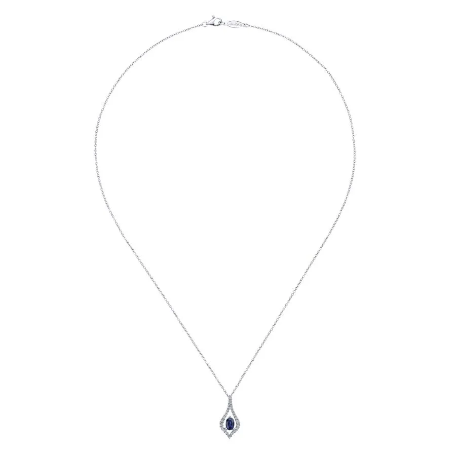 14K White Gold Floating Oval Sapphire Diamond Pendant Necklace