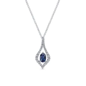 14K White Gold Floating Oval Sapphire Diamond Pendant Necklace
