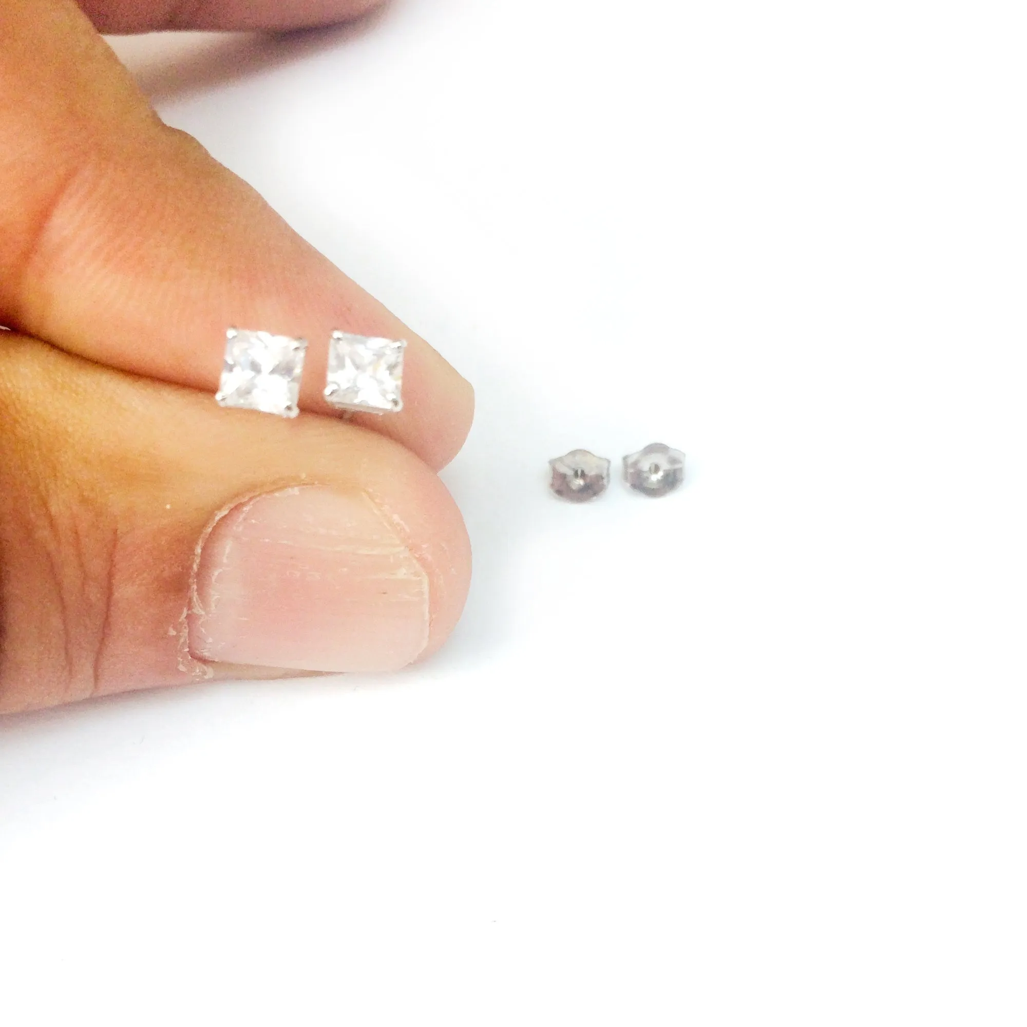 14k White Gold Princess Cut White Cubic Zirconia Stud Earrings