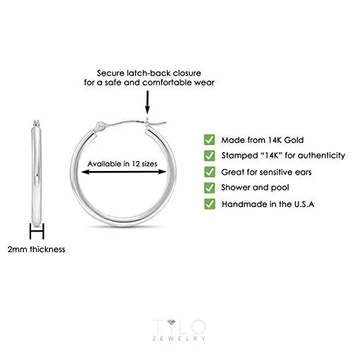 14k White Gold Small Round Hoop Earrings, 12mm (0.48 inch Diameter)
