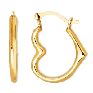 14k Yellow Gold Shiny Open Heart Hoop Earrings, Diameter 15mm