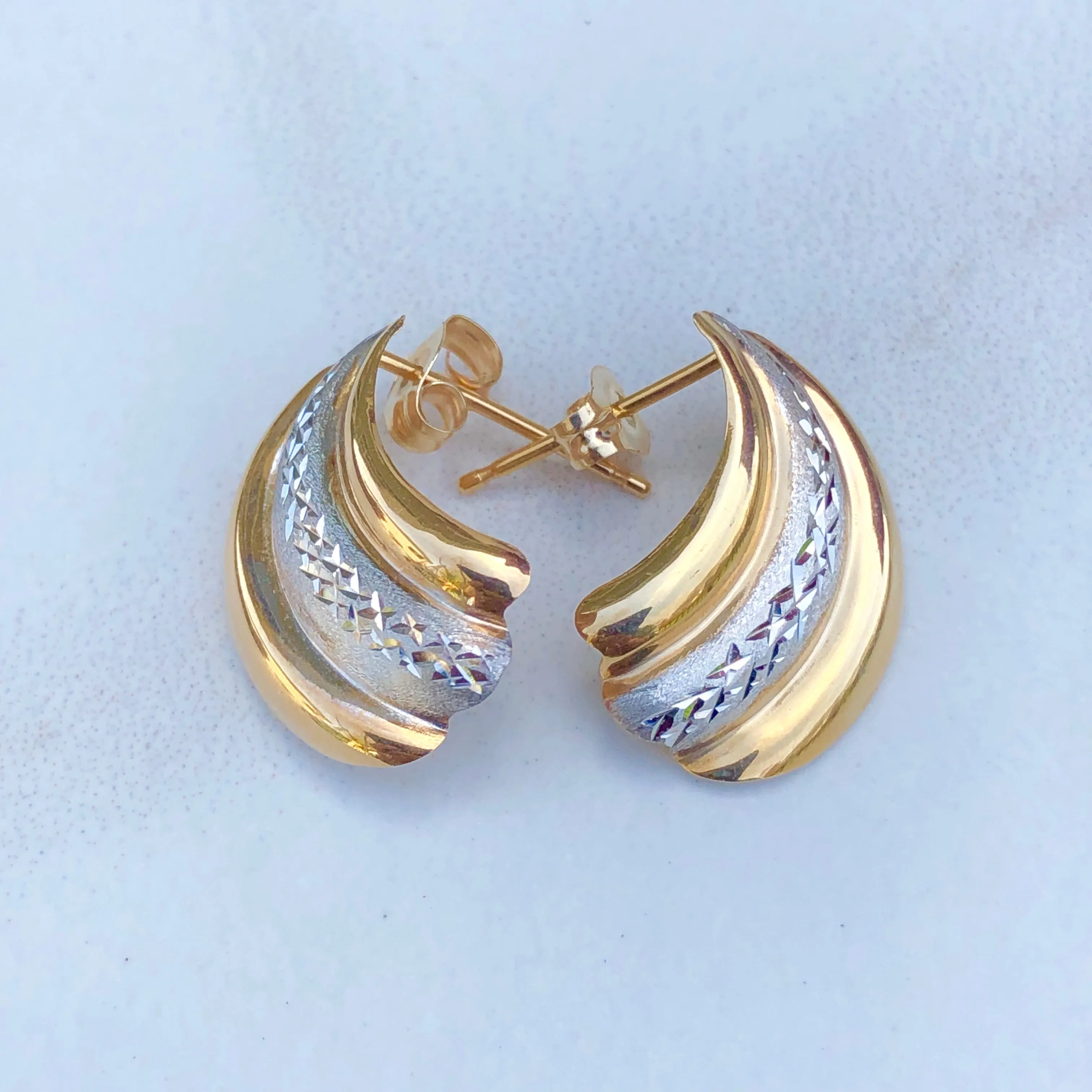 14KT Yellow Gold   White Gold Diamond-Cut Shell Earrings