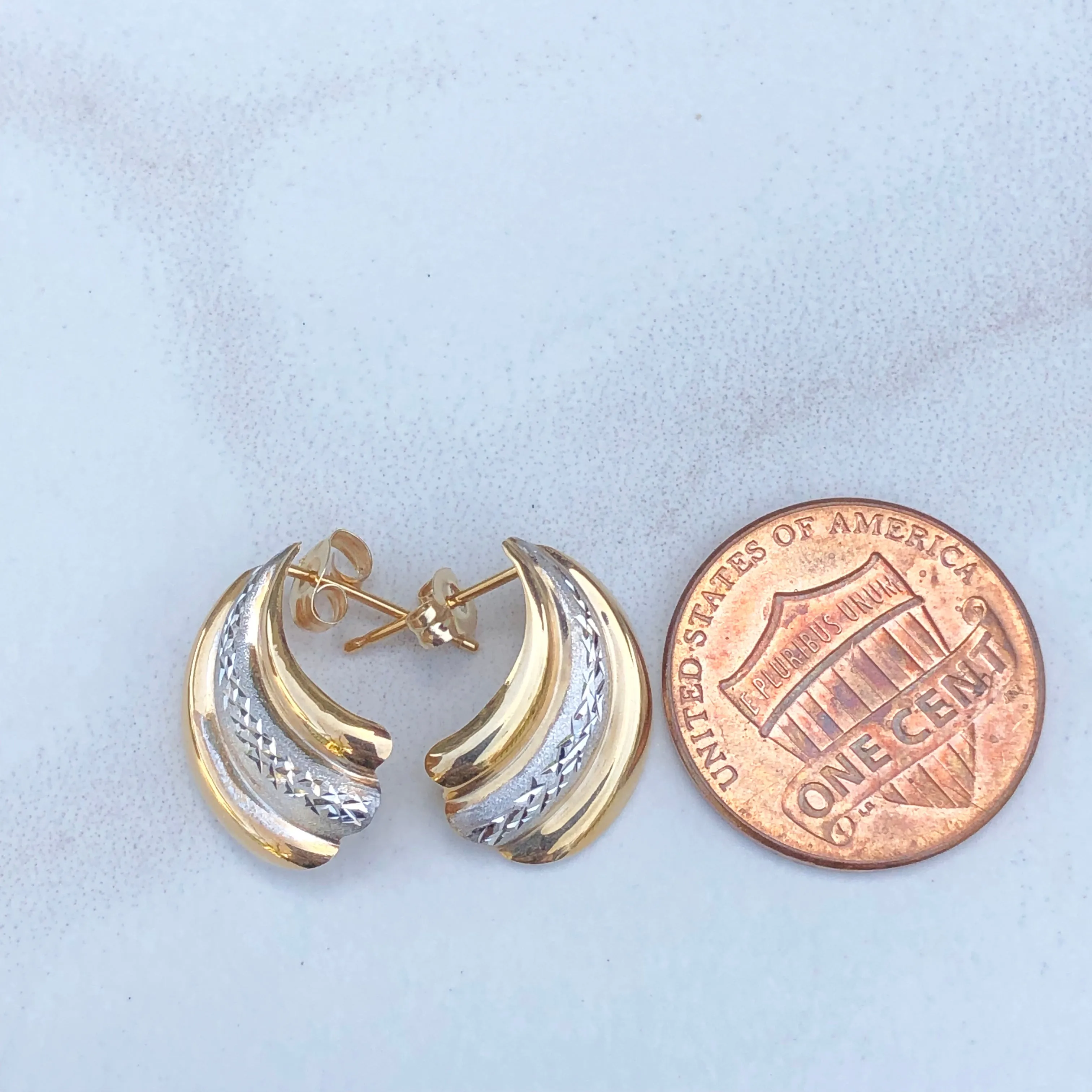 14KT Yellow Gold   White Gold Diamond-Cut Shell Earrings