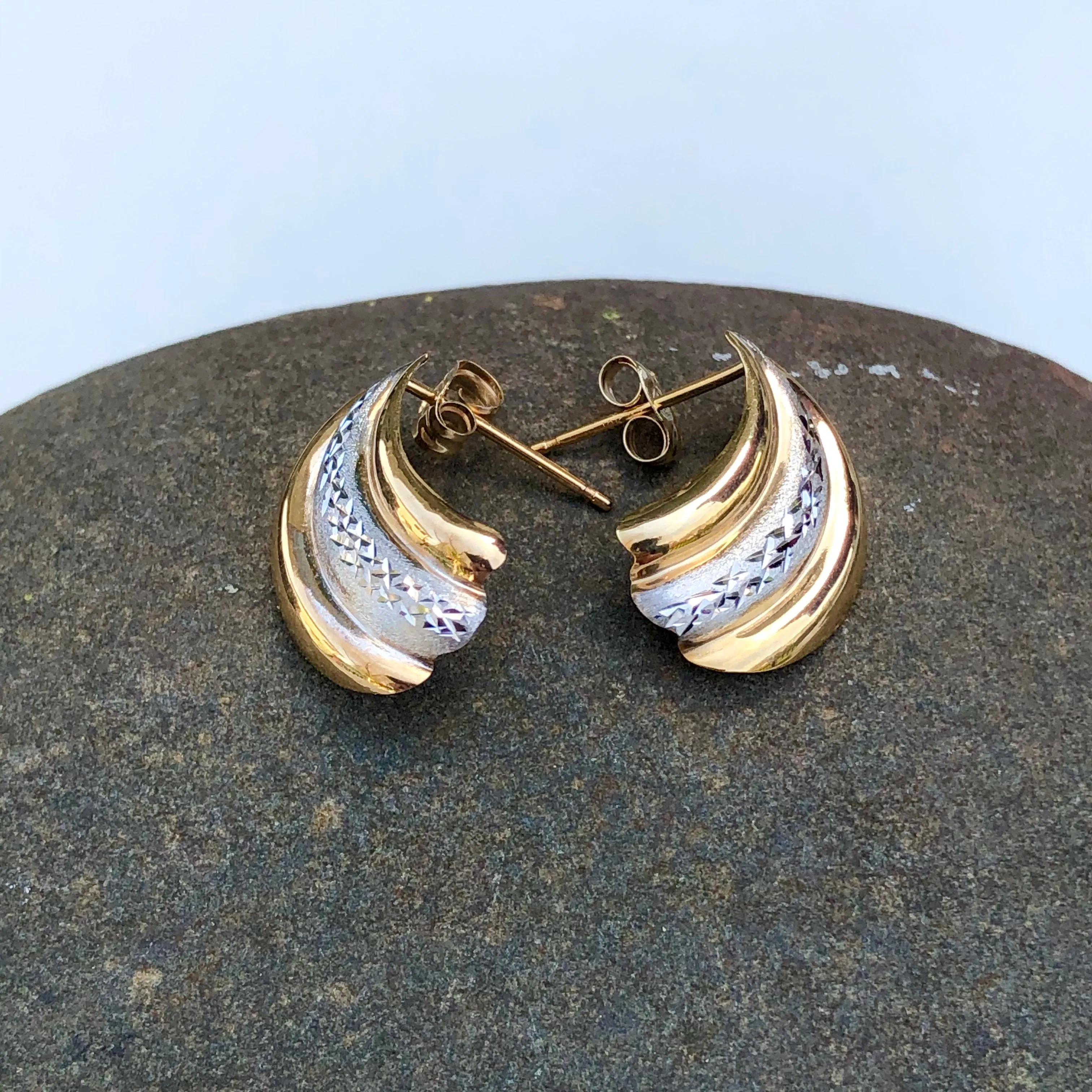 14KT Yellow Gold   White Gold Diamond-Cut Shell Earrings