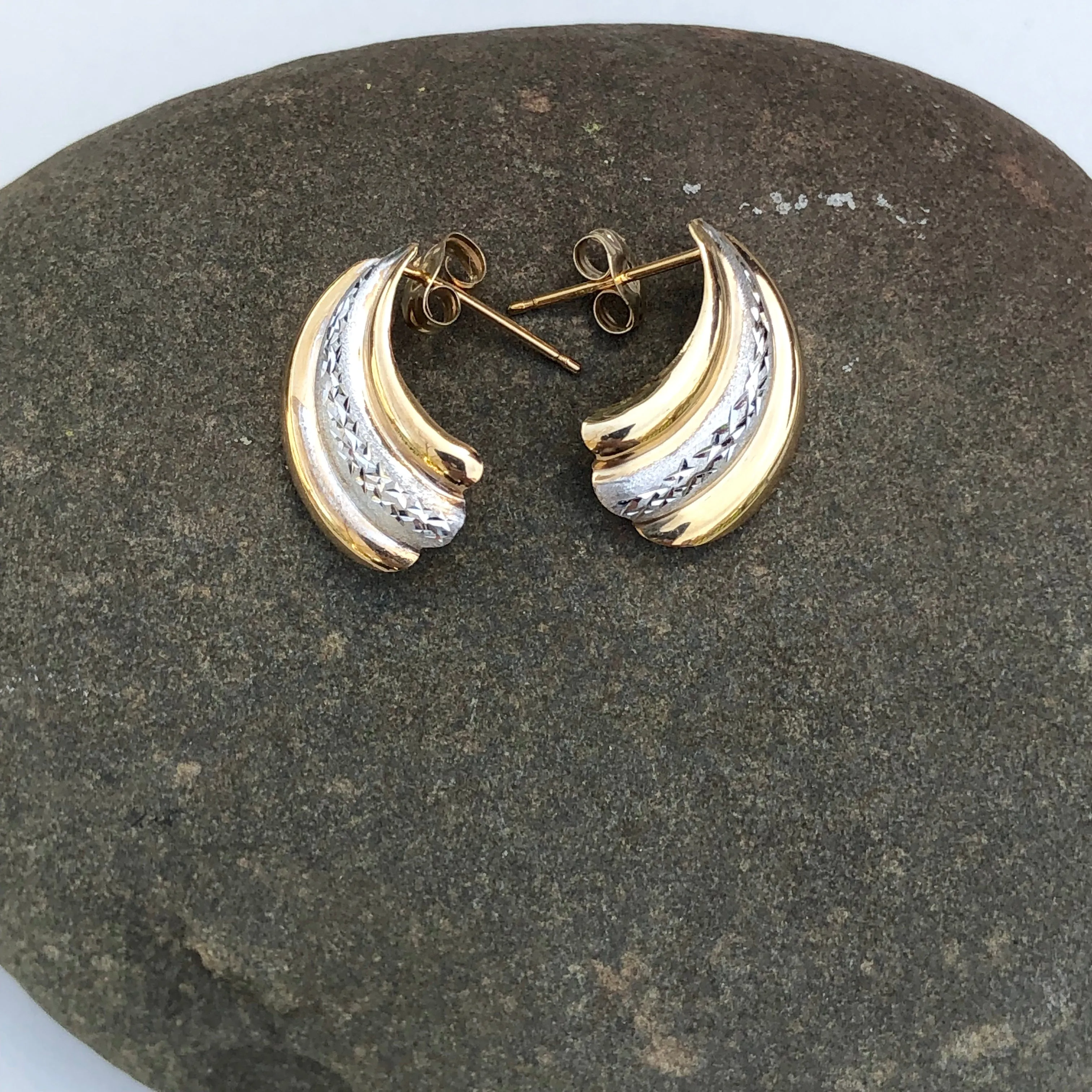 14KT Yellow Gold   White Gold Diamond-Cut Shell Earrings