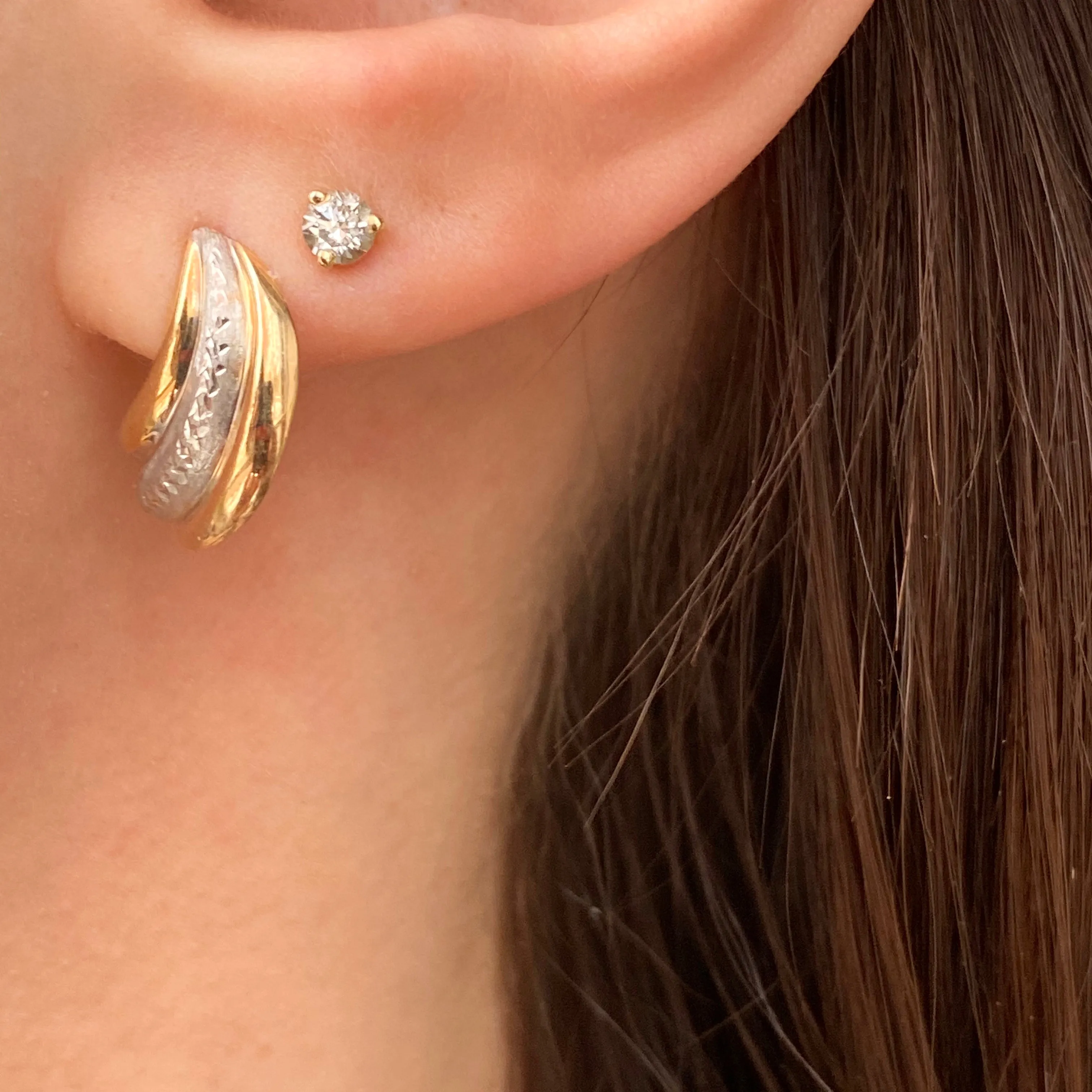 14KT Yellow Gold   White Gold Diamond-Cut Shell Earrings