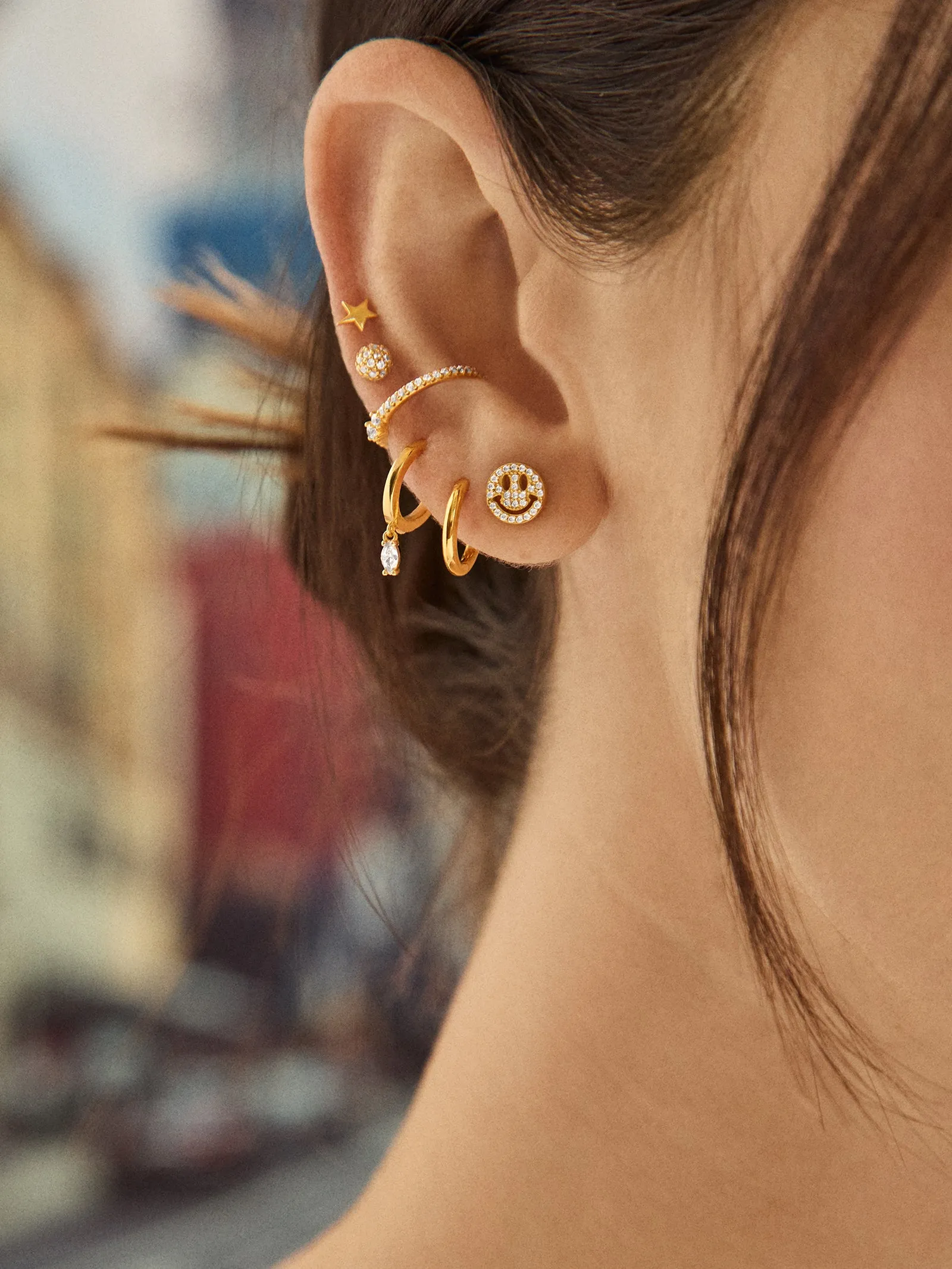 18K Gold Smiley Face Earrings - Clear/Gold