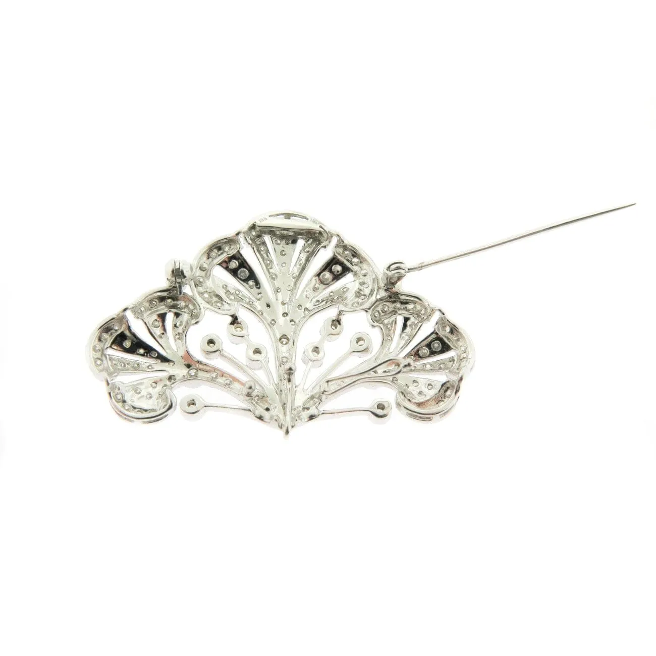 18K White Gold Open Filigree Diamond Brooch