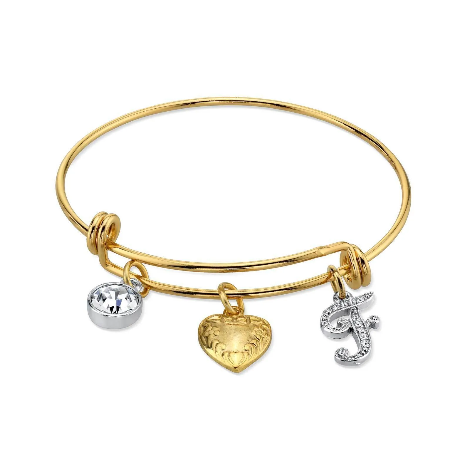1928 Jewelry Gold Heart Initial Crystal Charm Bangle Bracelet, 2.5"