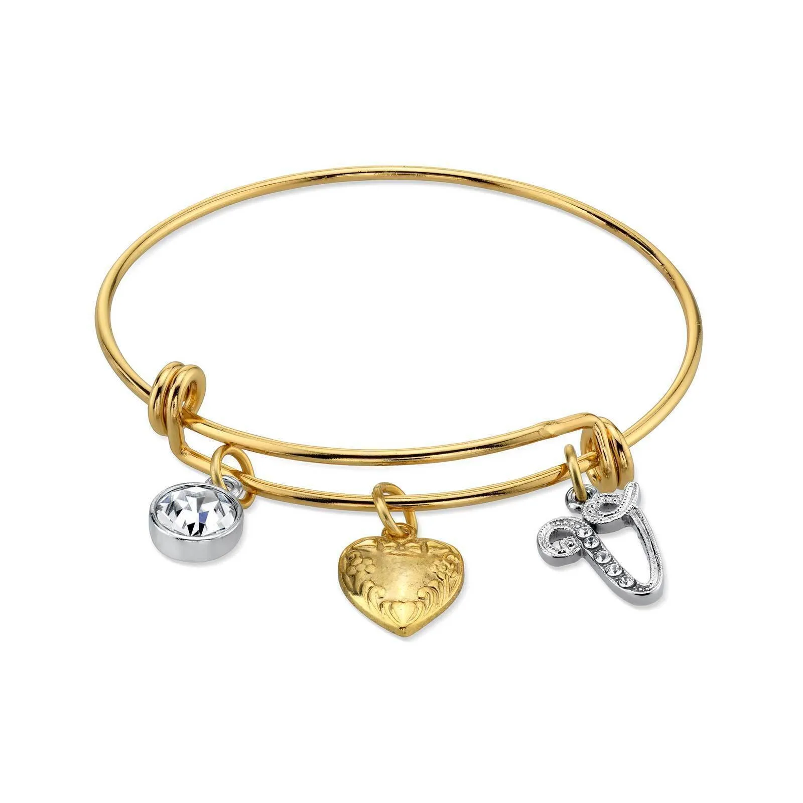 1928 Jewelry Gold Heart Initial Crystal Charm Bangle Bracelet, 2.5"