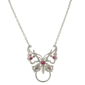 1928 Jewelry Pink Crystal Butterfly Badge & Eyeglass Holder Chain Necklace 28"