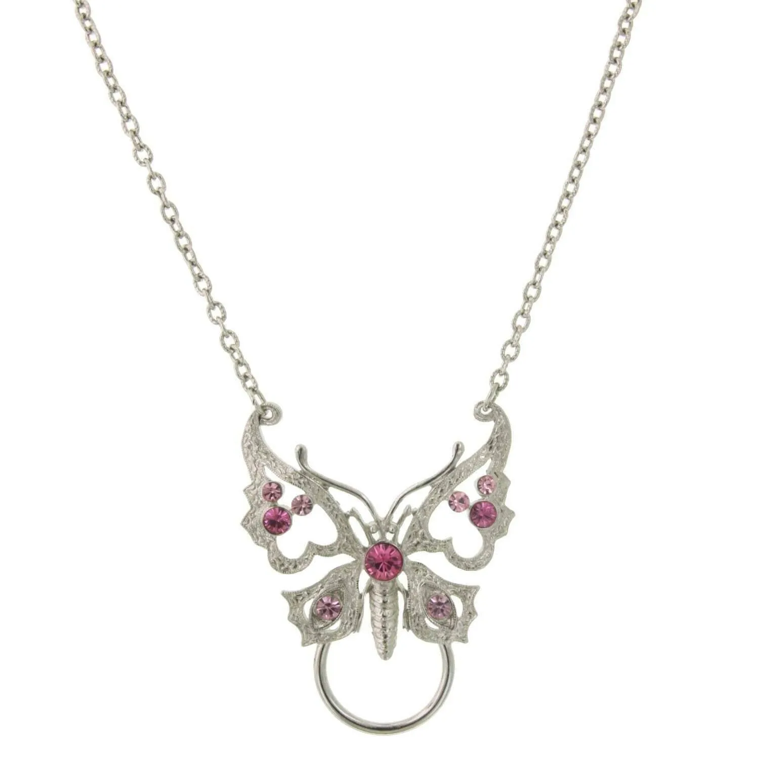 1928 Jewelry Pink Crystal Butterfly Badge & Eyeglass Holder Chain Necklace 28"