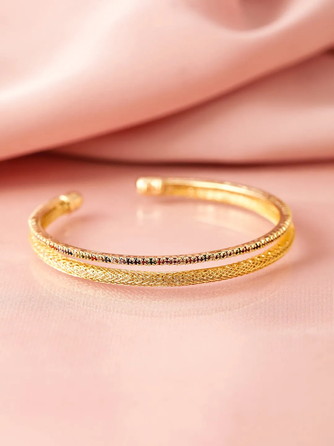 22K Gold Plated Baguette-Cut AD & Cubic Zirconia Studded Double Layered Bracelet