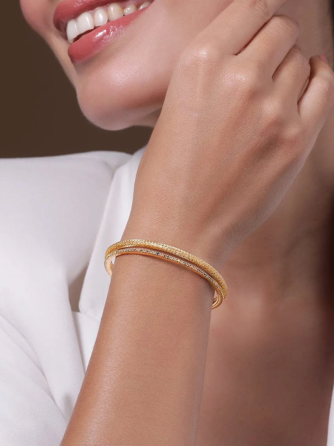22K Gold Plated Baguette-Cut AD & Cubic Zirconia Studded Double Layered Bracelet