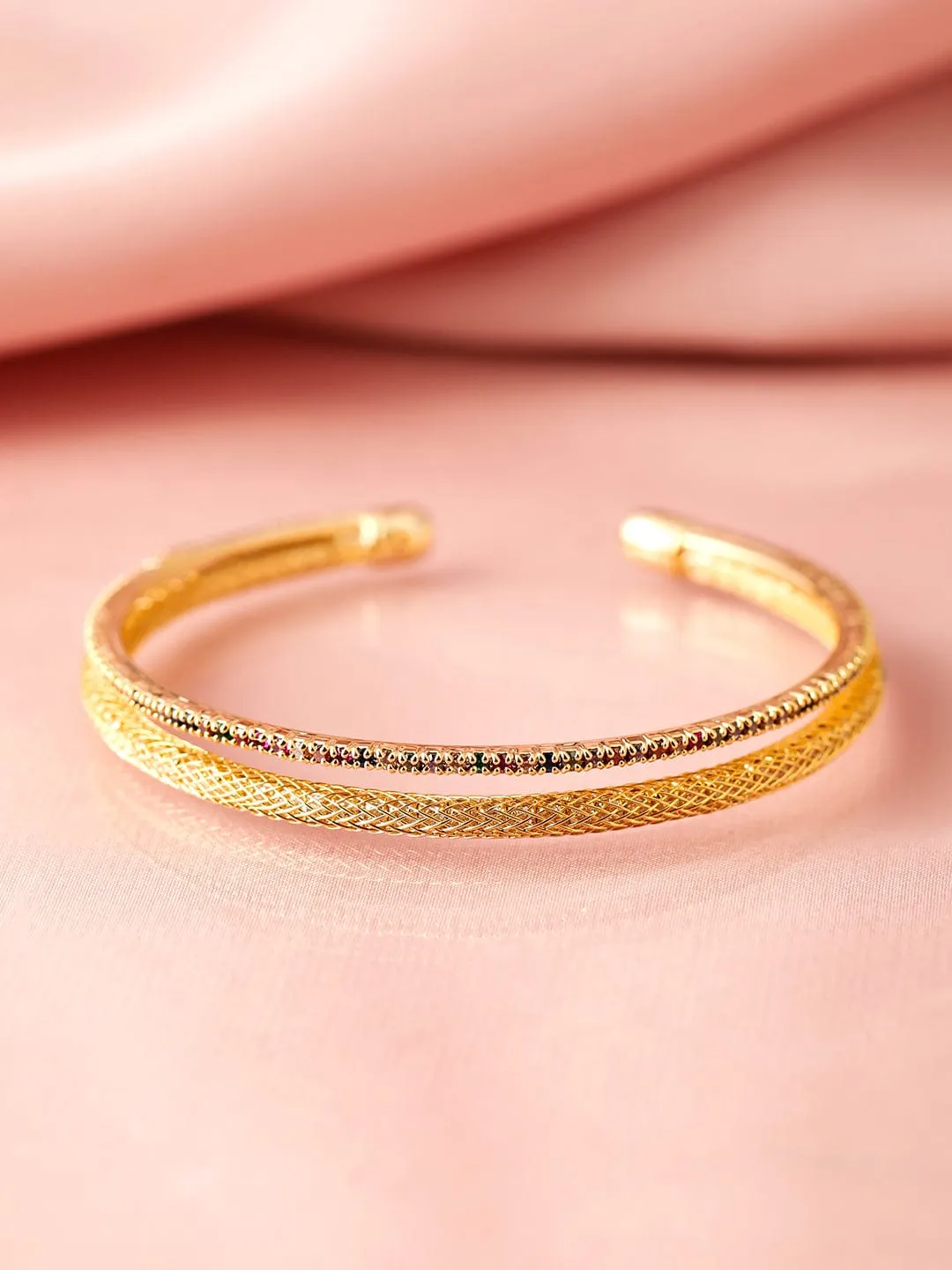 22K Gold Plated Baguette-Cut AD & Cubic Zirconia Studded Double Layered Bracelet