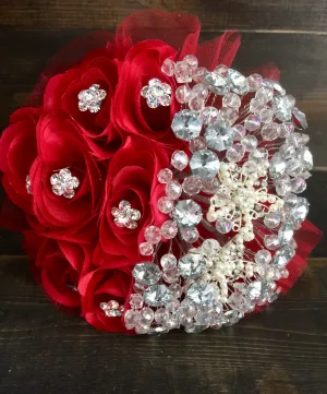 7" throw away red Gold bridal bouquet/Wedding brooch bouquet/red wedding/presentacion/keepsake bouquet/3 anos