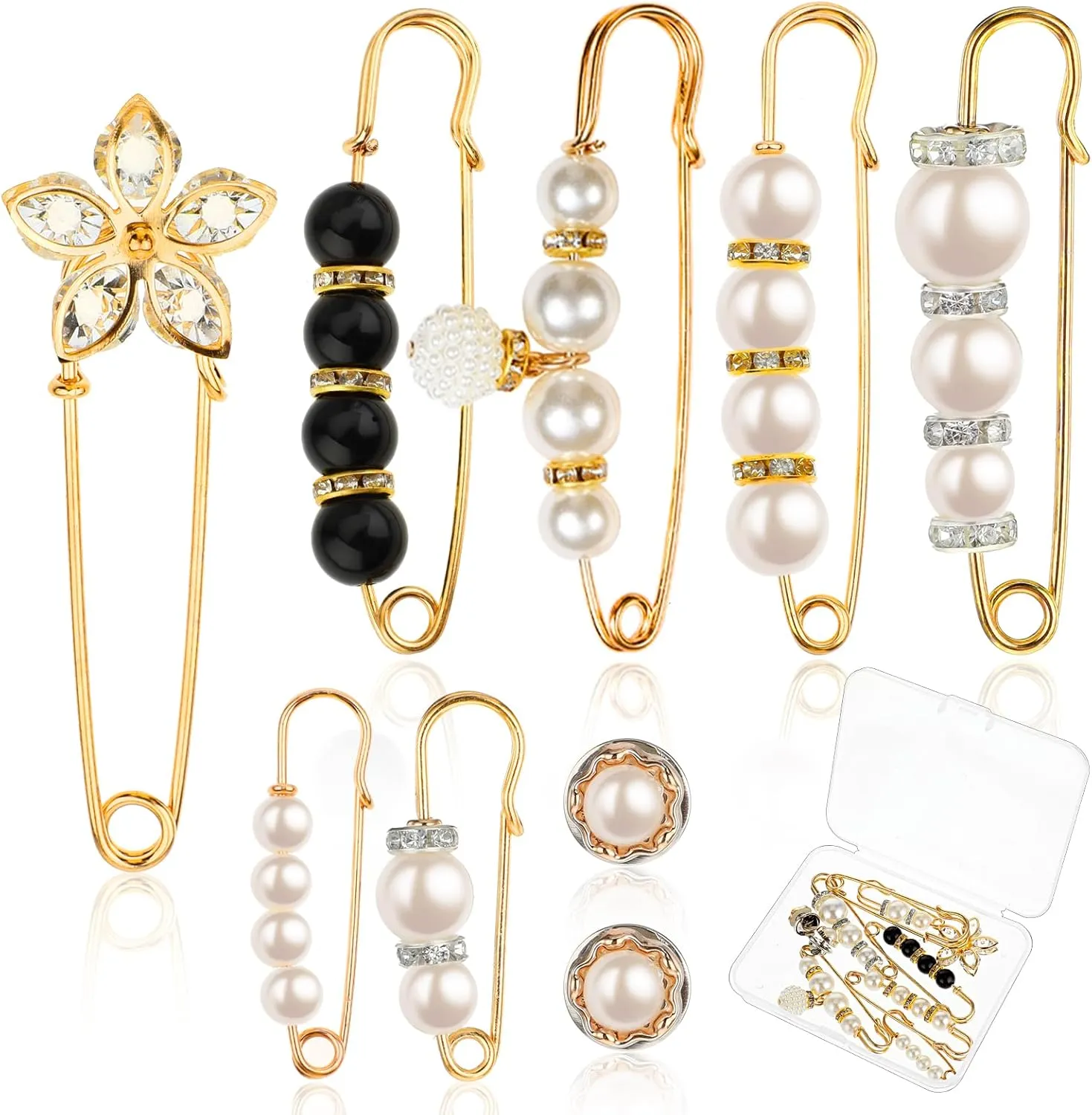 9 Pcs Sweater Clips to Hold Sweater Together, Brooch Pins for Women Fashion, Brooches and Pins for Women, Faux Pearl Rhinestones Brooches Pins(Box)