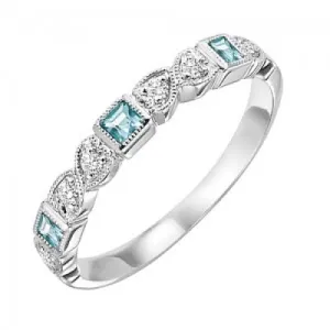 Aquamarine Birthstone Diamond And Square Ring 10K White Gold