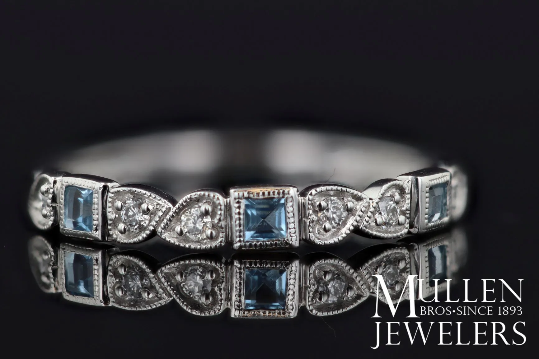 Aquamarine Birthstone Diamond And Square Ring 10K White Gold