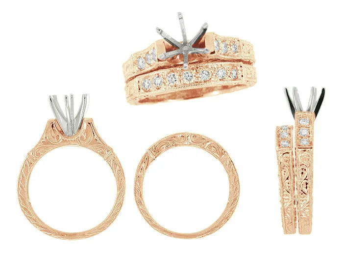 Art Deco Engraved Scrolls 14 Karat Rose Gold 3/4 Carat Diamond Engagement Ring Semimount and Diamond Wedding Ring