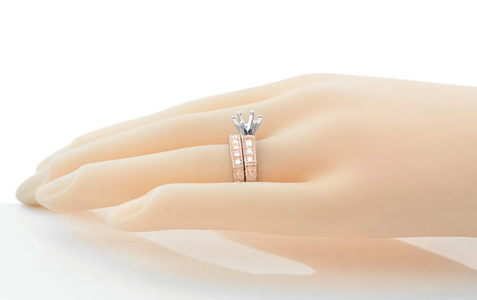 Art Deco Engraved Scrolls 14 Karat Rose Gold 3/4 Carat Diamond Engagement Ring Semimount and Diamond Wedding Ring