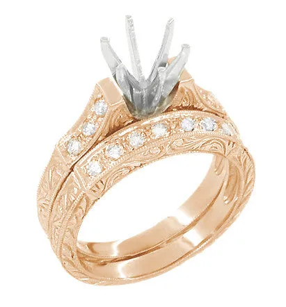 Art Deco Engraved Scrolls 14 Karat Rose Gold 3/4 Carat Diamond Engagement Ring Semimount and Diamond Wedding Ring