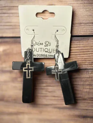 Black and Metal Cross Earrings