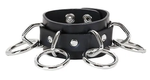 Black Leather Bondage Bracelet w/ 5 Medium Loops & Rings Detail