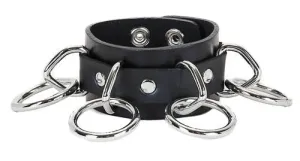 Black Leather Bondage Bracelet w/ 5 Medium Loops & Rings Detail