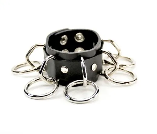 Black Leather Bondage Bracelet w/ 5 Medium Loops & Rings Detail