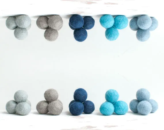 Blue Felt Balls 2cm x20 Mixed Blue Grey Wool Pom Poms. Craft Supplies. Winter Shade.