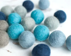 Blue Felt Balls 2cm x20 Mixed Blue Grey Wool Pom Poms. Craft Supplies. Winter Shade.