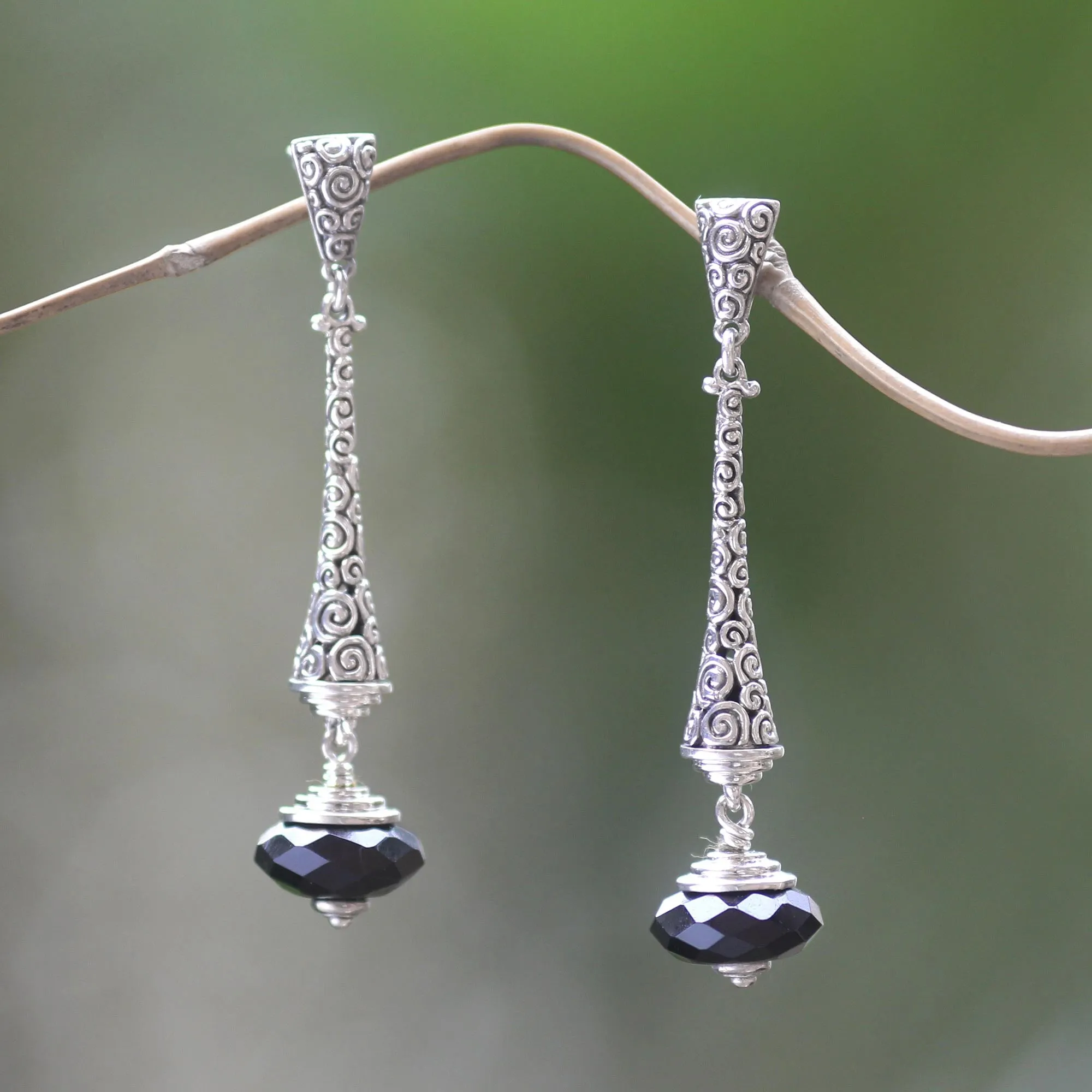 Borobudur Chimes 2.5-inch Long Sterling Silver Earrings with Onyx from Bali