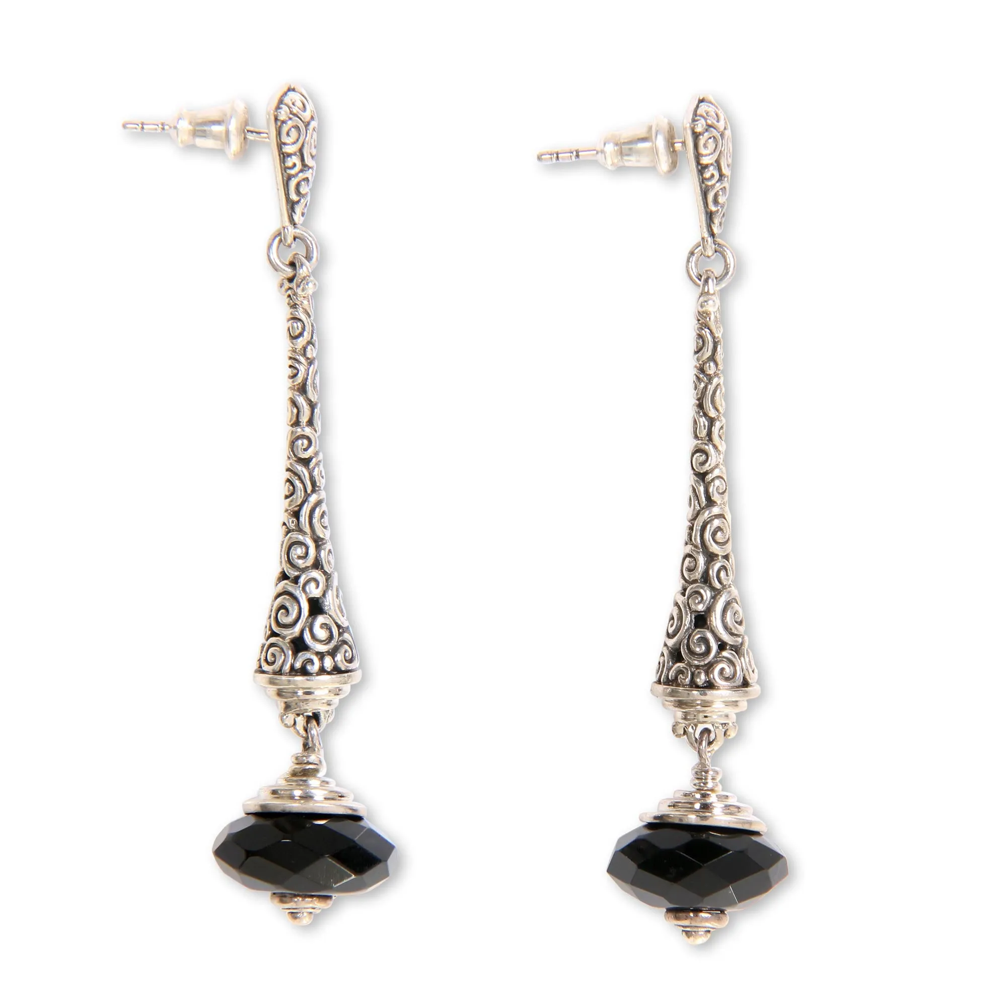 Borobudur Chimes 2.5-inch Long Sterling Silver Earrings with Onyx from Bali