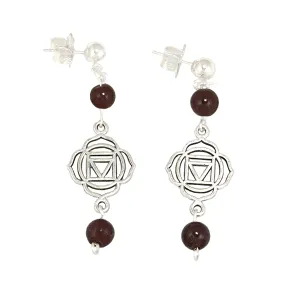 Chakra - Root -Garnet   (Muladhara Symbol) Earrings in Antique Silver