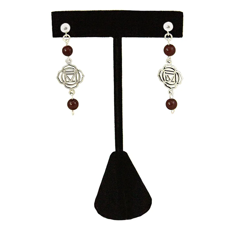 Chakra - Root -Garnet   (Muladhara Symbol) Earrings in Antique Silver