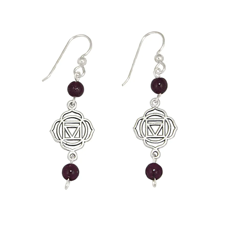 Chakra - Root -Garnet   (Muladhara Symbol) Earrings in Antique Silver
