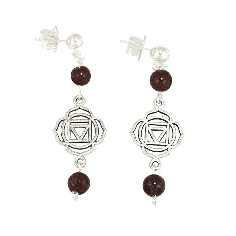 Chakra - Root -Garnet   (Muladhara Symbol) Earrings in Antique Silver