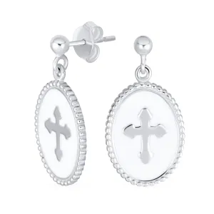 Christian Religious White Enamel Fleur De Lis Cross Dangle Earrings  Silver