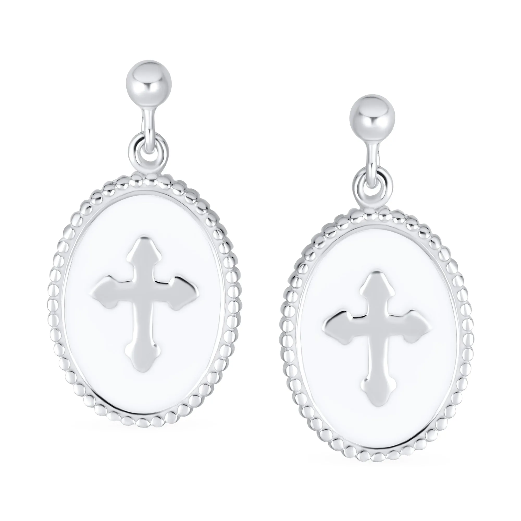 Christian Religious White Enamel Fleur De Lis Cross Dangle Earrings  Silver