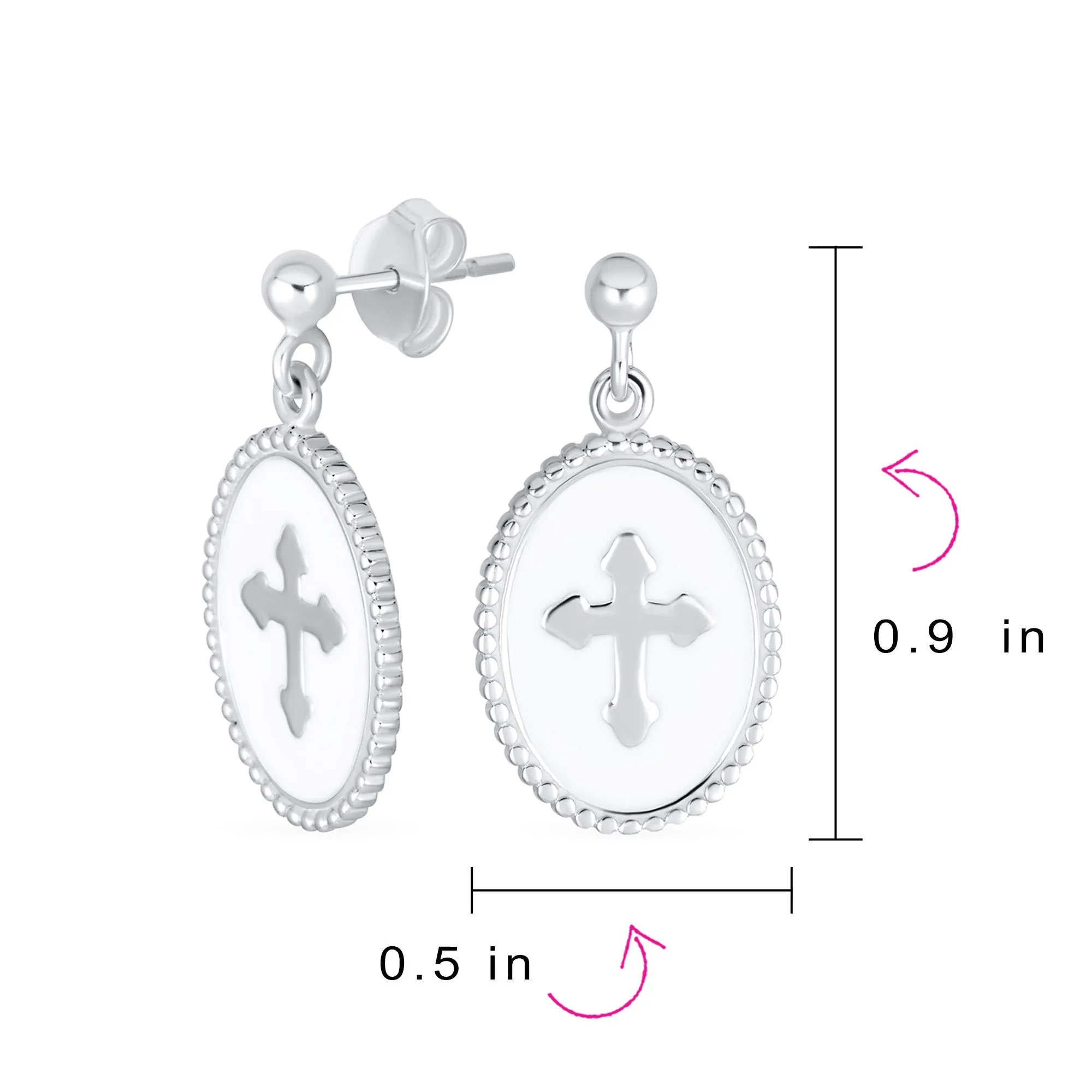 Christian Religious White Enamel Fleur De Lis Cross Dangle Earrings  Silver