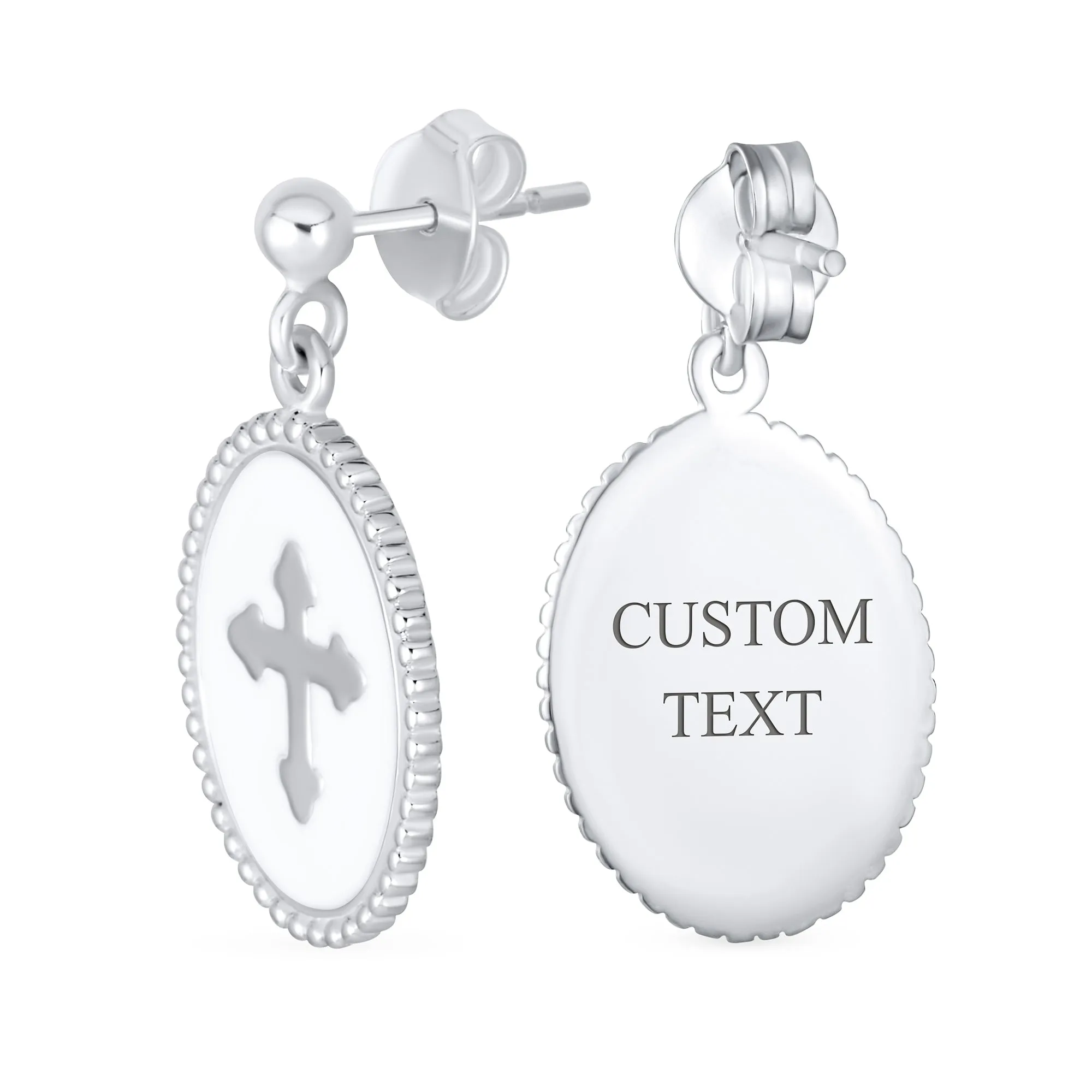 Christian Religious White Enamel Fleur De Lis Cross Dangle Earrings  Silver