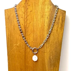 Coastal Charm Chain Necklace with Coin Pearl Charm in Silver Tone