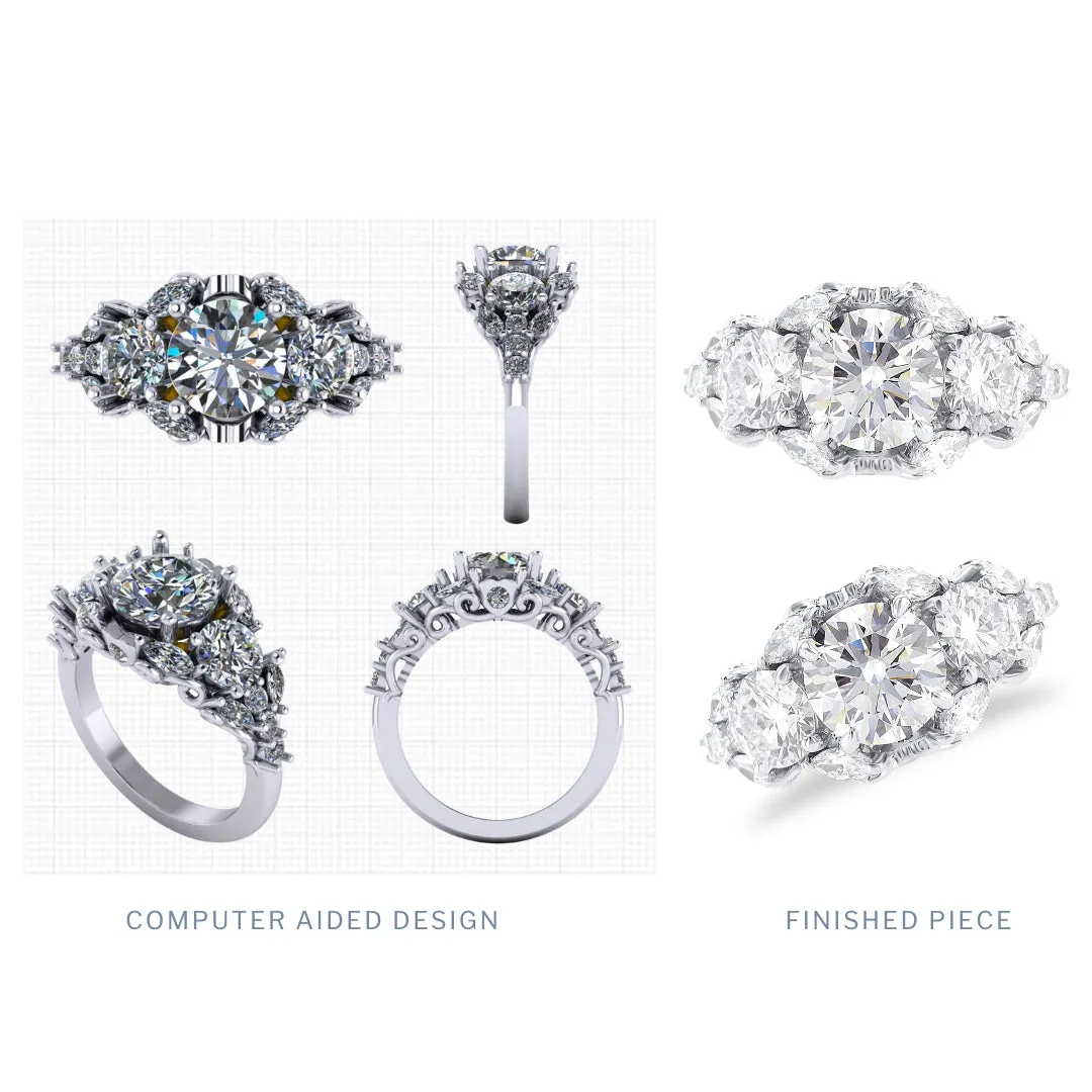 Custom Designed Engagement Ring with Round Diamond Three Stone and Marquise Cluster 18K White Gold Band