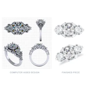 Custom Designed Engagement Ring with Round Diamond Three Stone and Marquise Cluster 18K White Gold Band