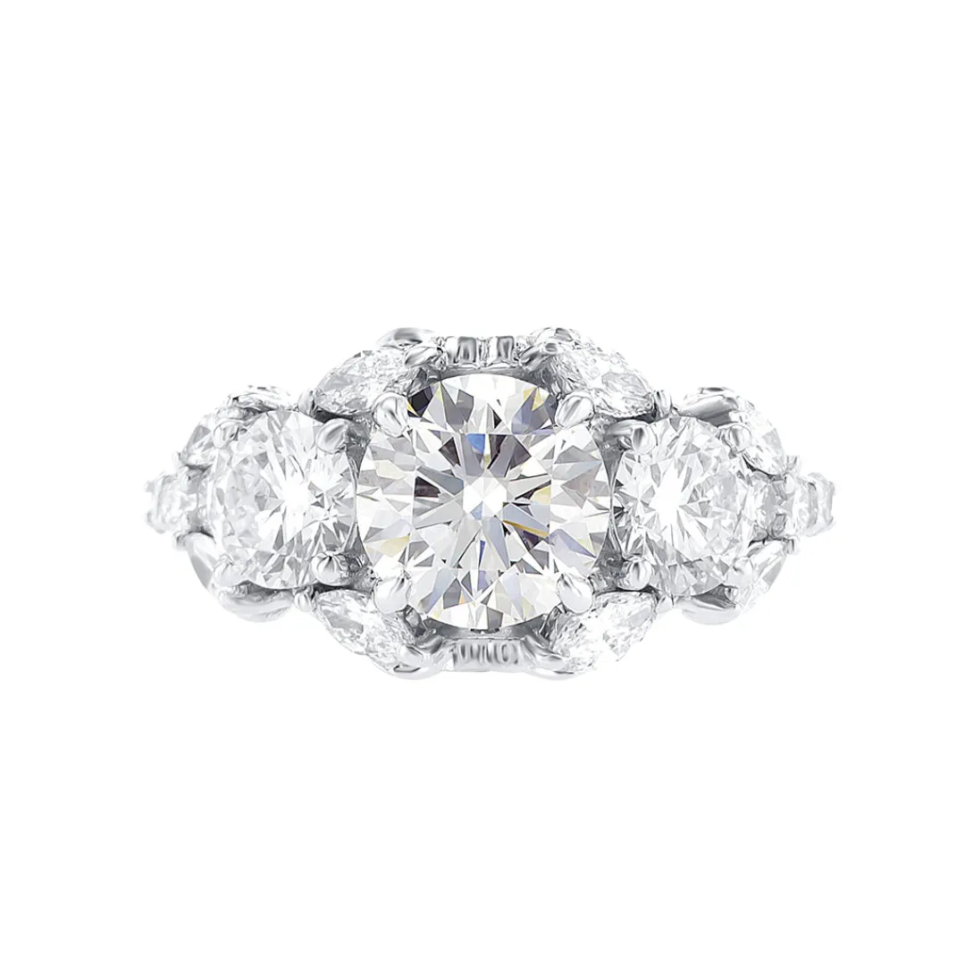 Custom Designed Engagement Ring with Round Diamond Three Stone and Marquise Cluster 18K White Gold Band