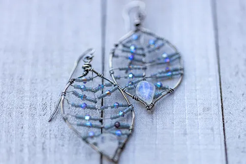 Em'z Blendz Rainbow Moonstone Leaf Earrings | Handcrafted with Austrian Crystals & Sterling Silver